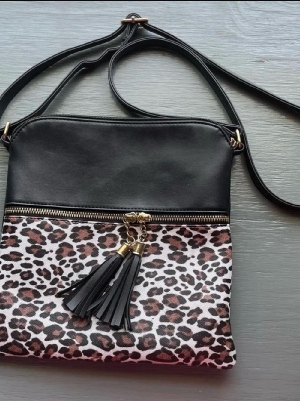 Black and Leopard Chic Crossbody Bag with Tassel Detail